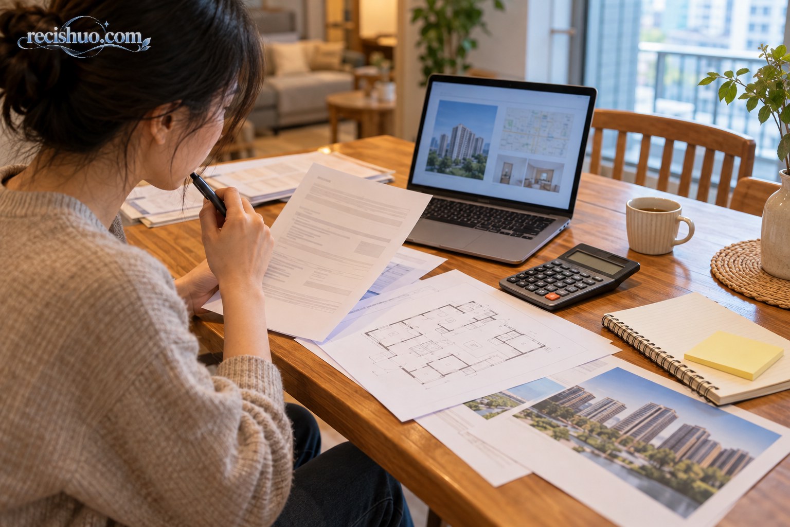 购房者在家中核对住宅资料、户型信息并使用计算器测算预算
