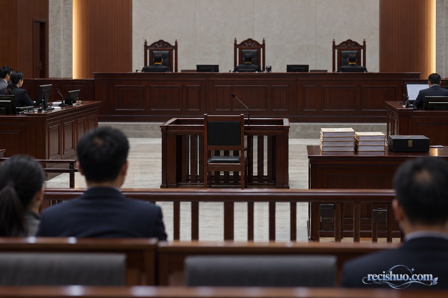 庄严法庭内的审判席、空置被告席与成摞案卷