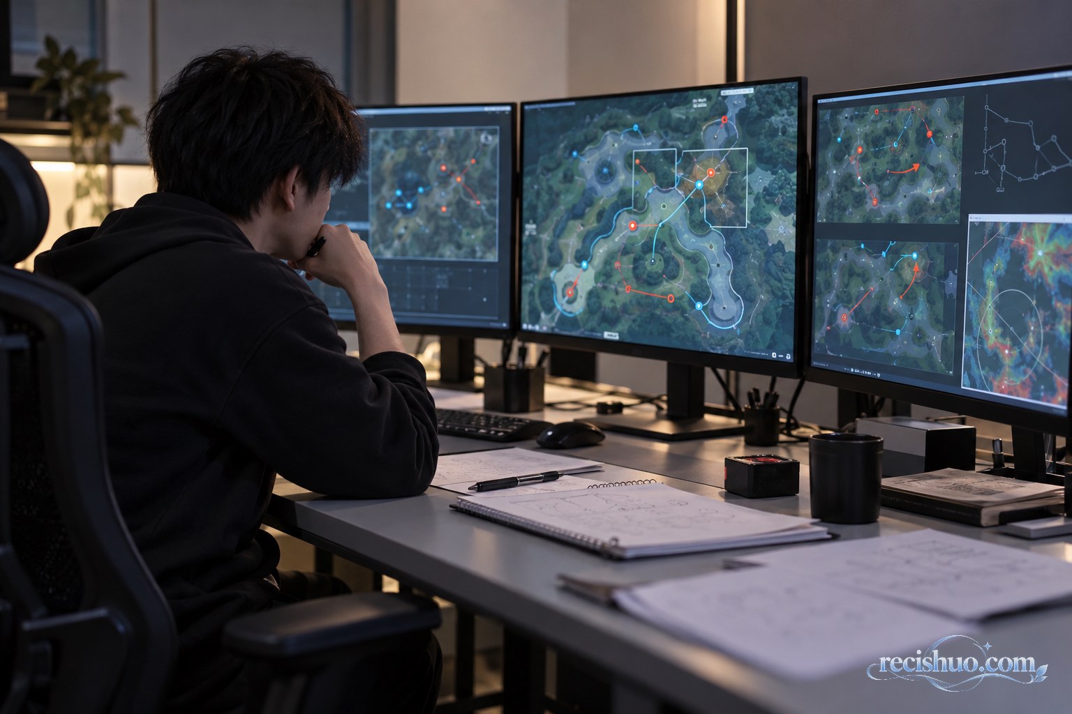 分析师在多块显示器前查看抽象战术地图并记录赛后复盘要点