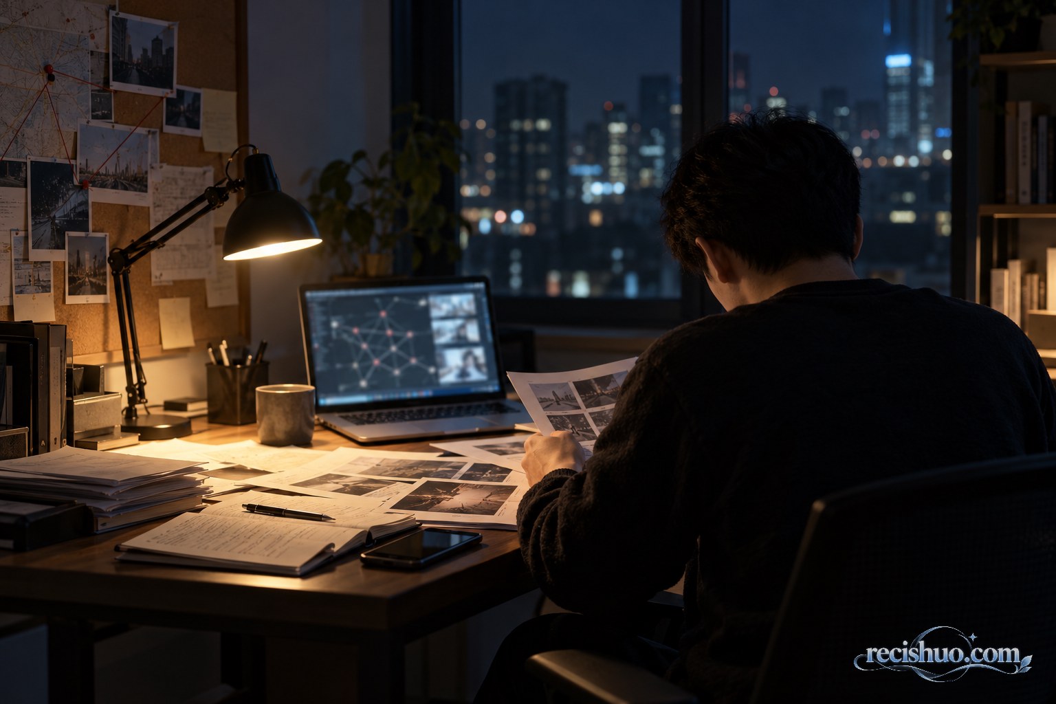 夜晚书房内，一名内容创作者背对镜头整理反诈调查资料