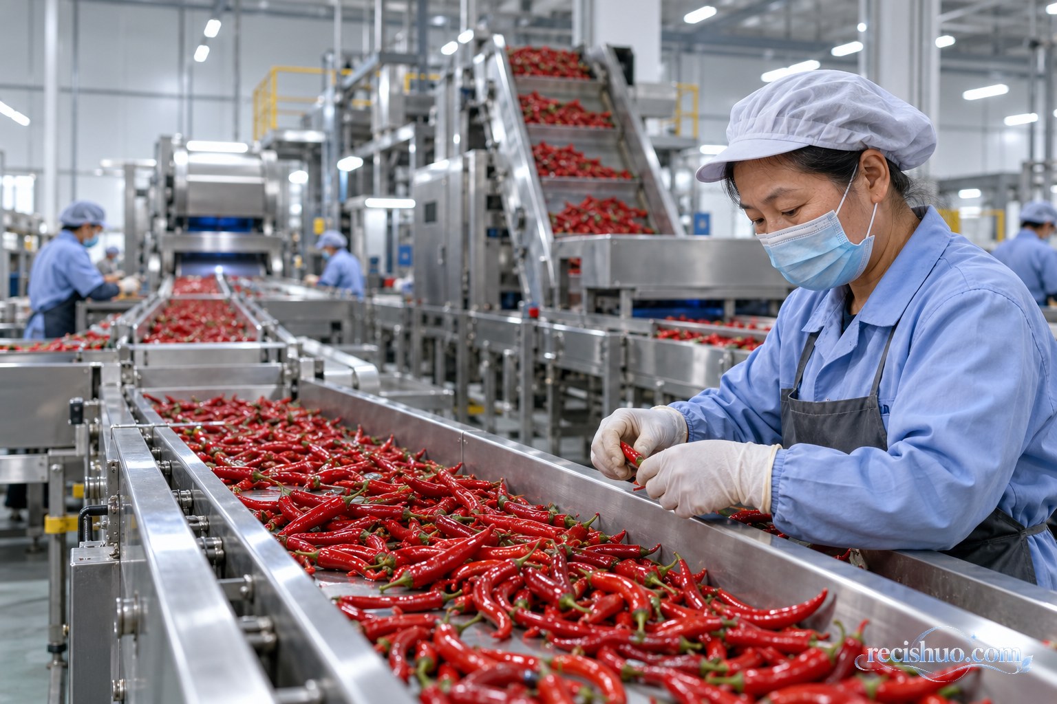 现代辣椒加工车间内，中年女工在自动化流水线旁检查红辣椒品质