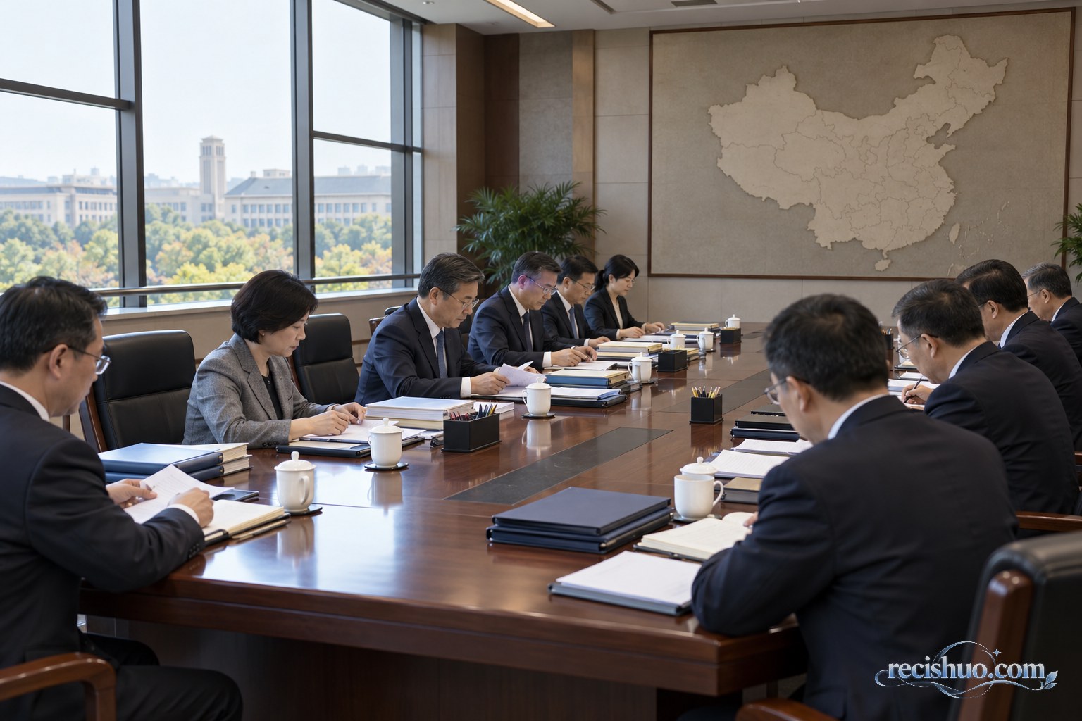 中央巡视工作主题的正式会议场景,参会人员在会议桌前查阅材料