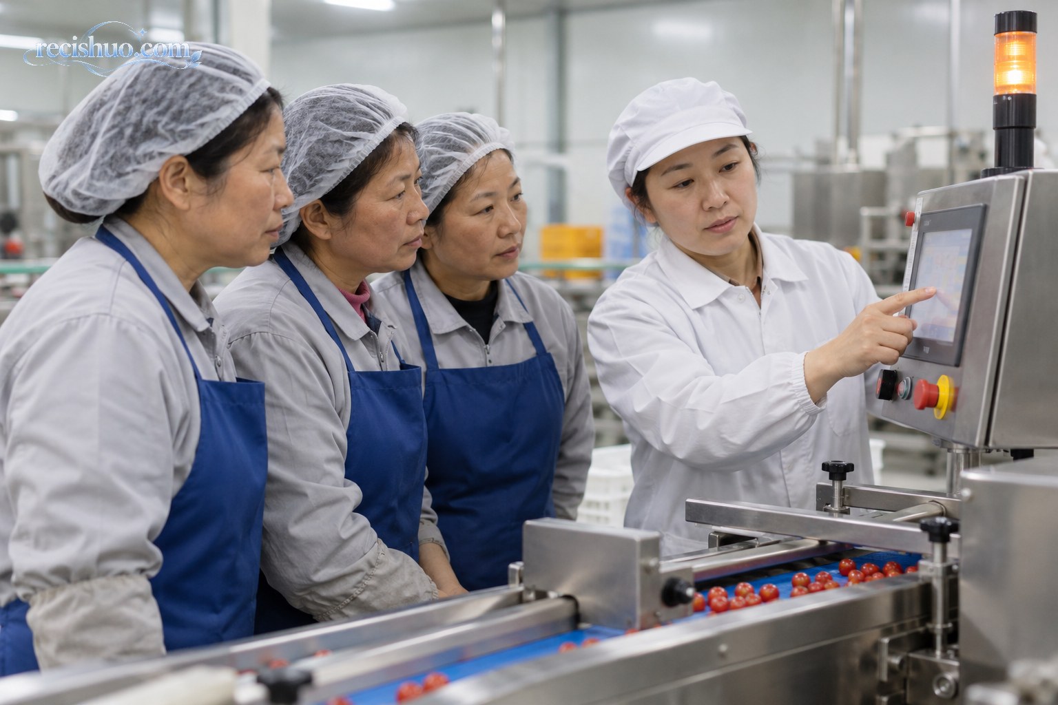 食品加工车间内，几名中年女工正在学习分选设备的操作方法
