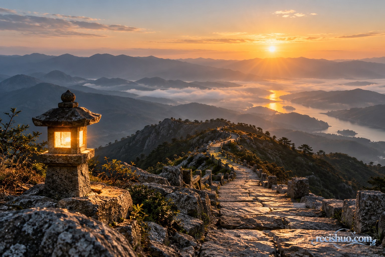 晨光照亮绵延山路与石灯，象征恒心坚守和接续前行