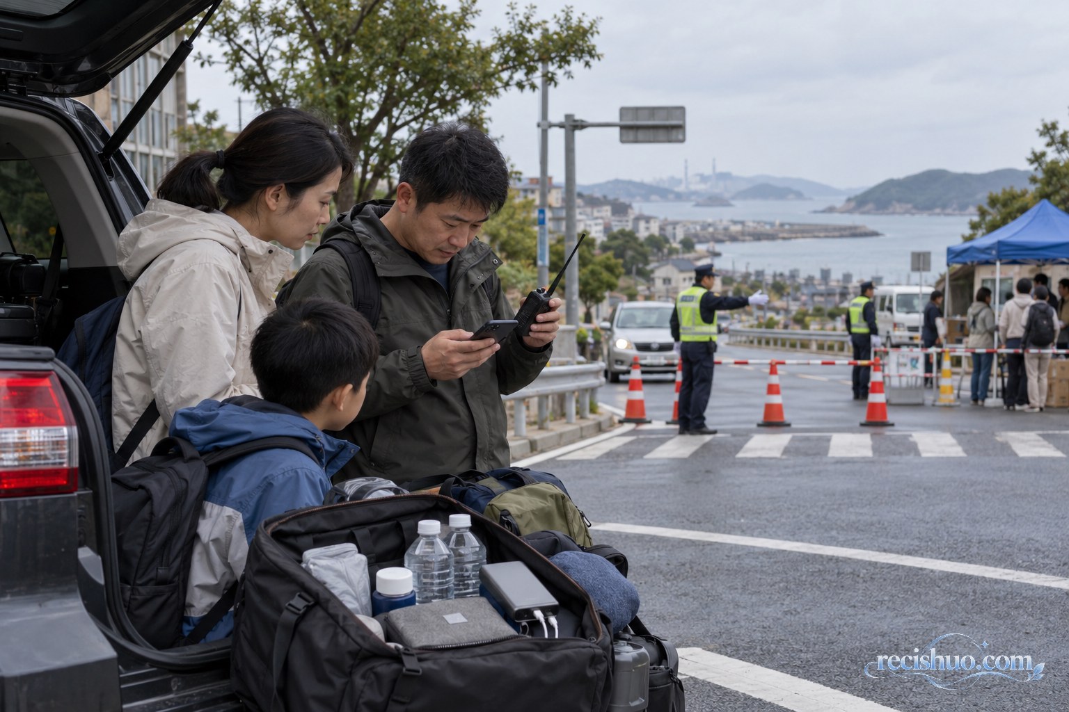 居民在道路管制点附近核对手机信息并整理车辆旁的应急包