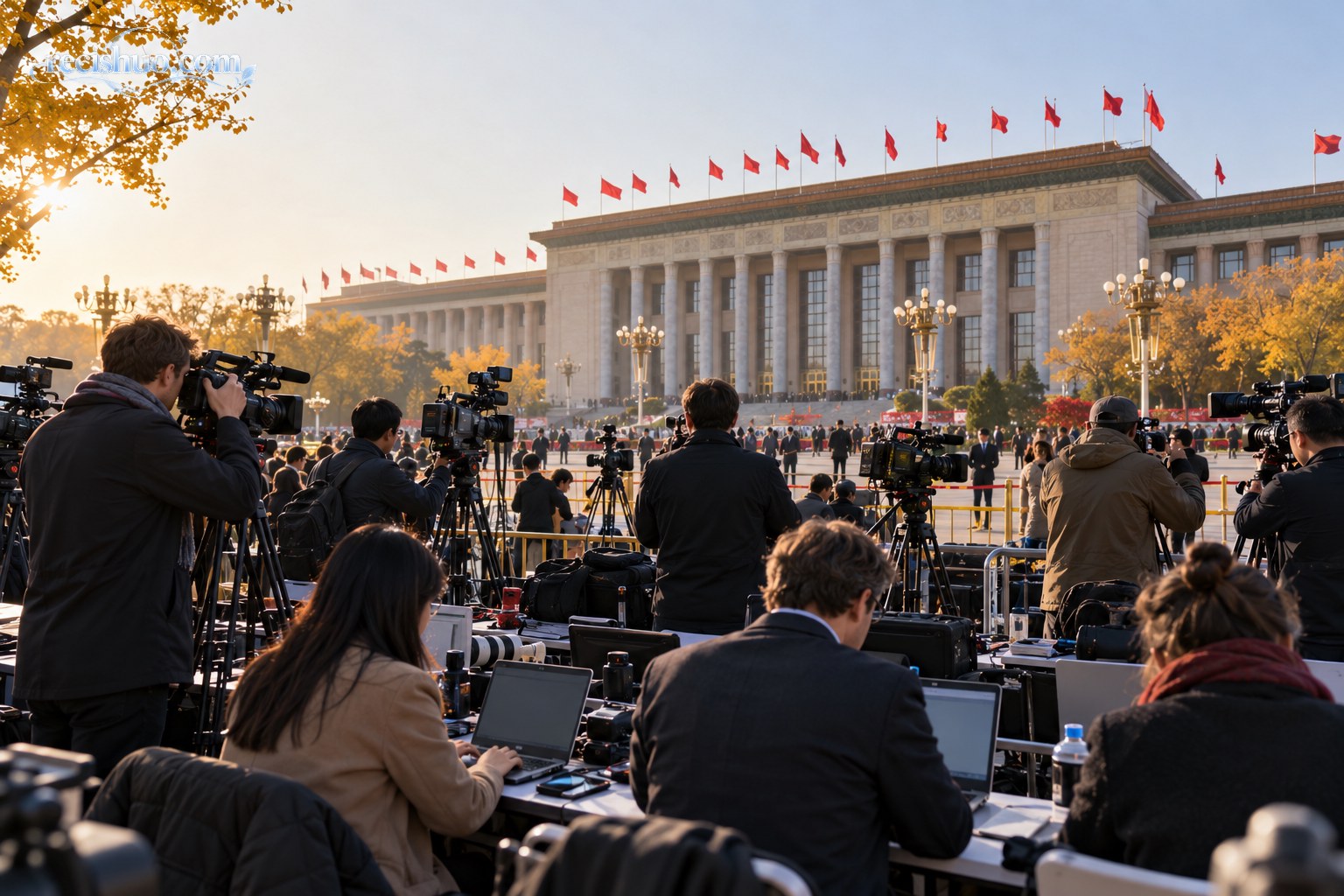 北京秋日重要会议场所外,多国记者在媒体区进行采访报道