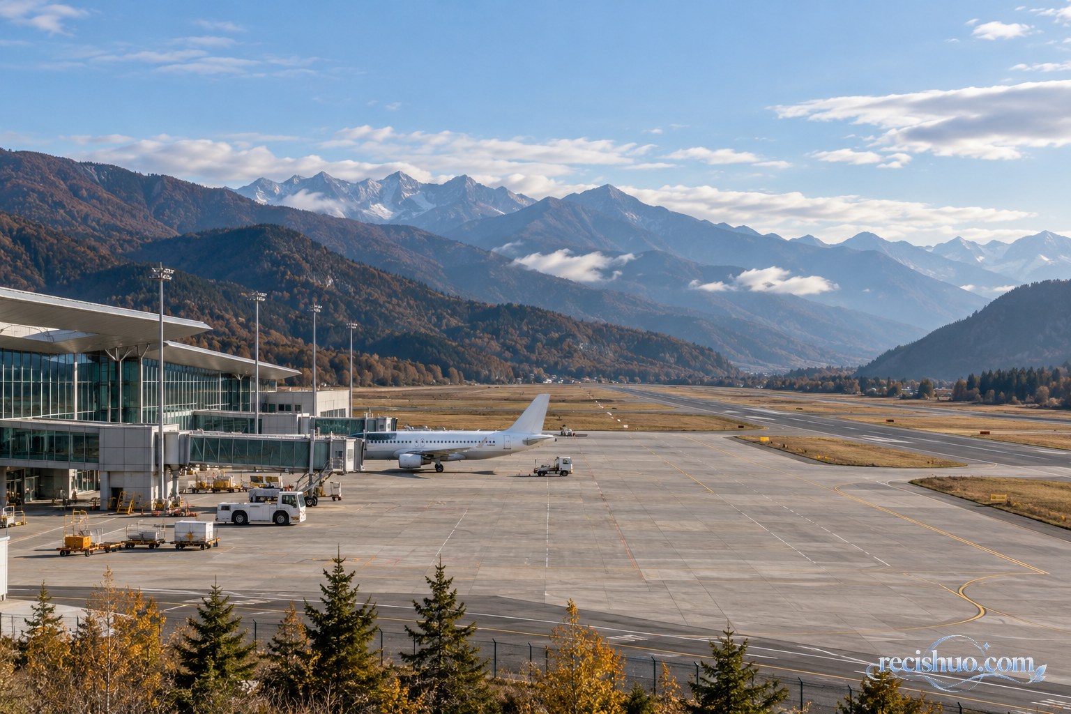 深秋群山环绕的中小型机场航站楼、停机坪与跑道全景
