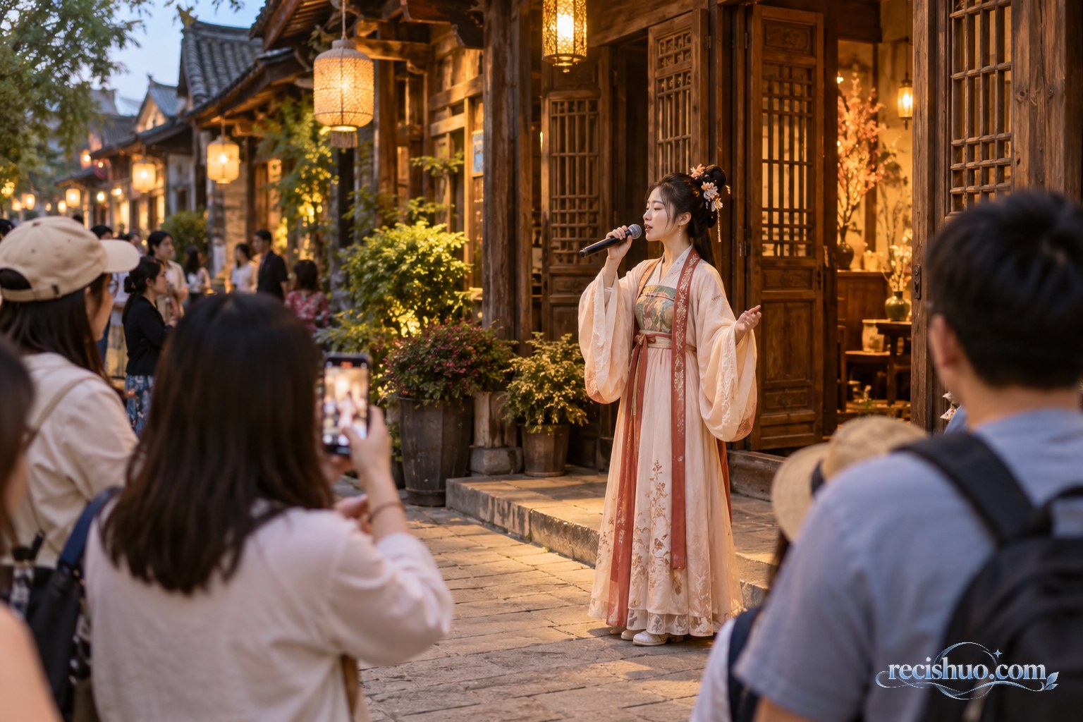 传统老街木建筑前，一名古风装束的驻场演员专注演唱，游客在外围拍摄观看