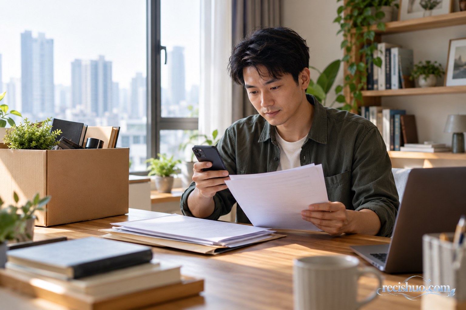 离职后的职场人士在家中核对手机信息和相关文件