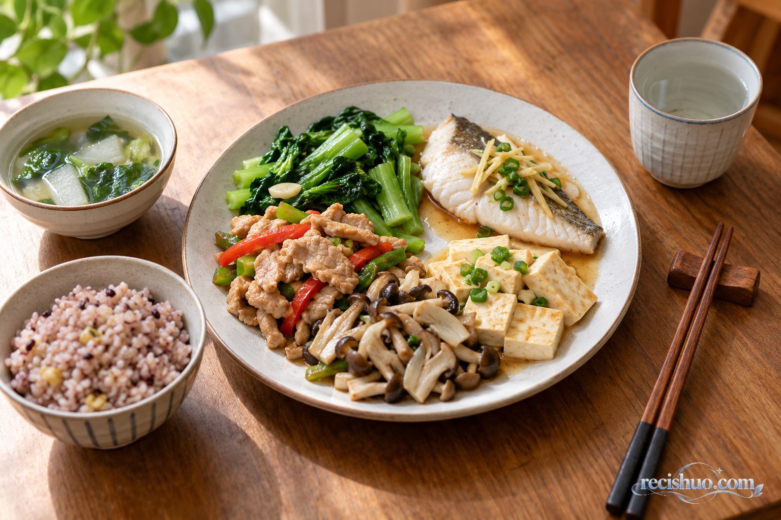 包含鱼、瘦肉、豆腐、蔬菜和杂粮饭的家常均衡餐食