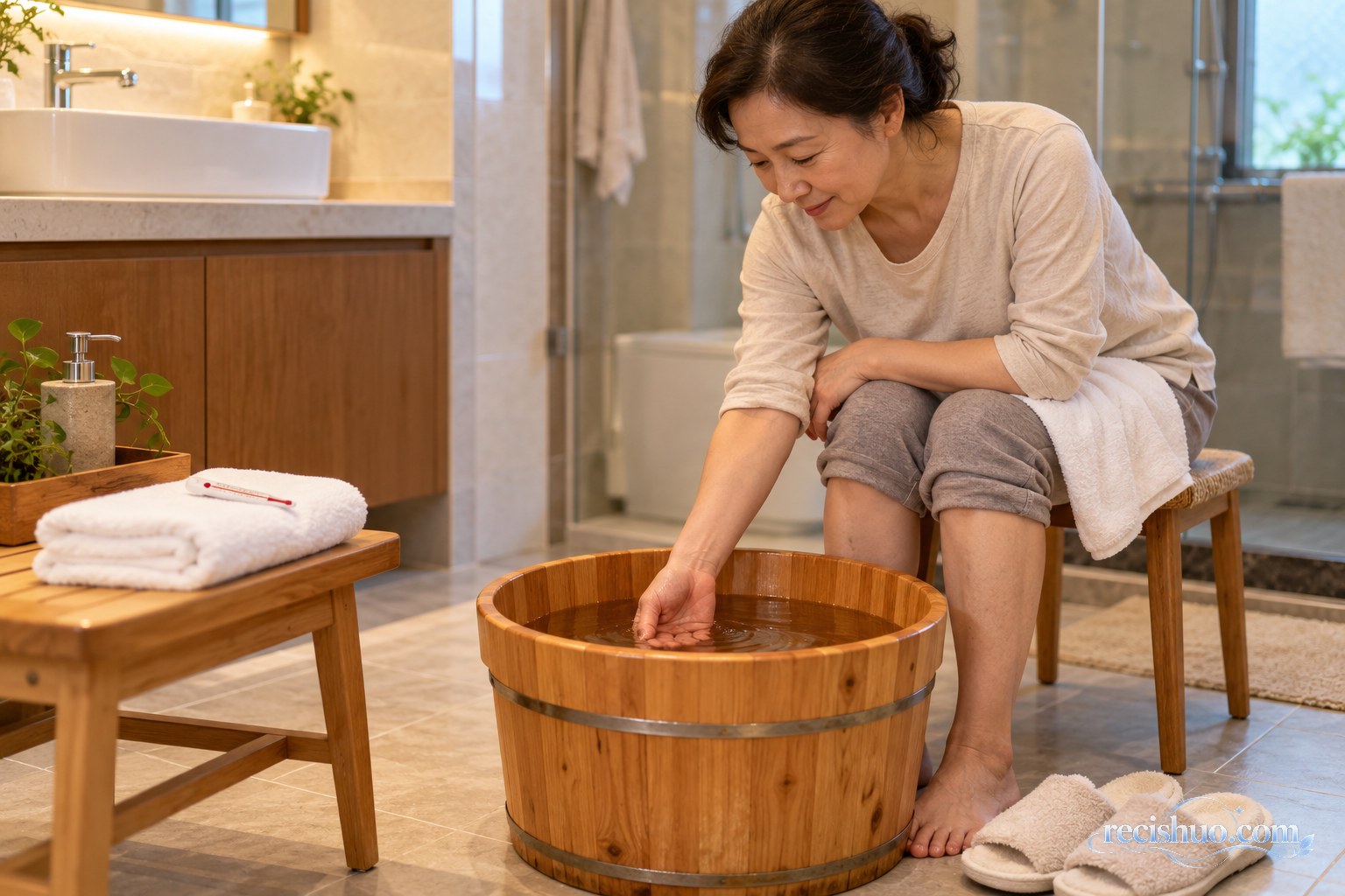 中年女性在居家浴室泡脚前用手试水温，旁边备有毛巾和温度计