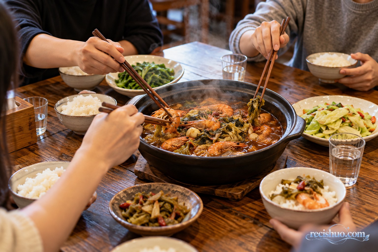 食客围桌用筷子分享虾酸风味砂锅菜并搭配米饭和蔬菜