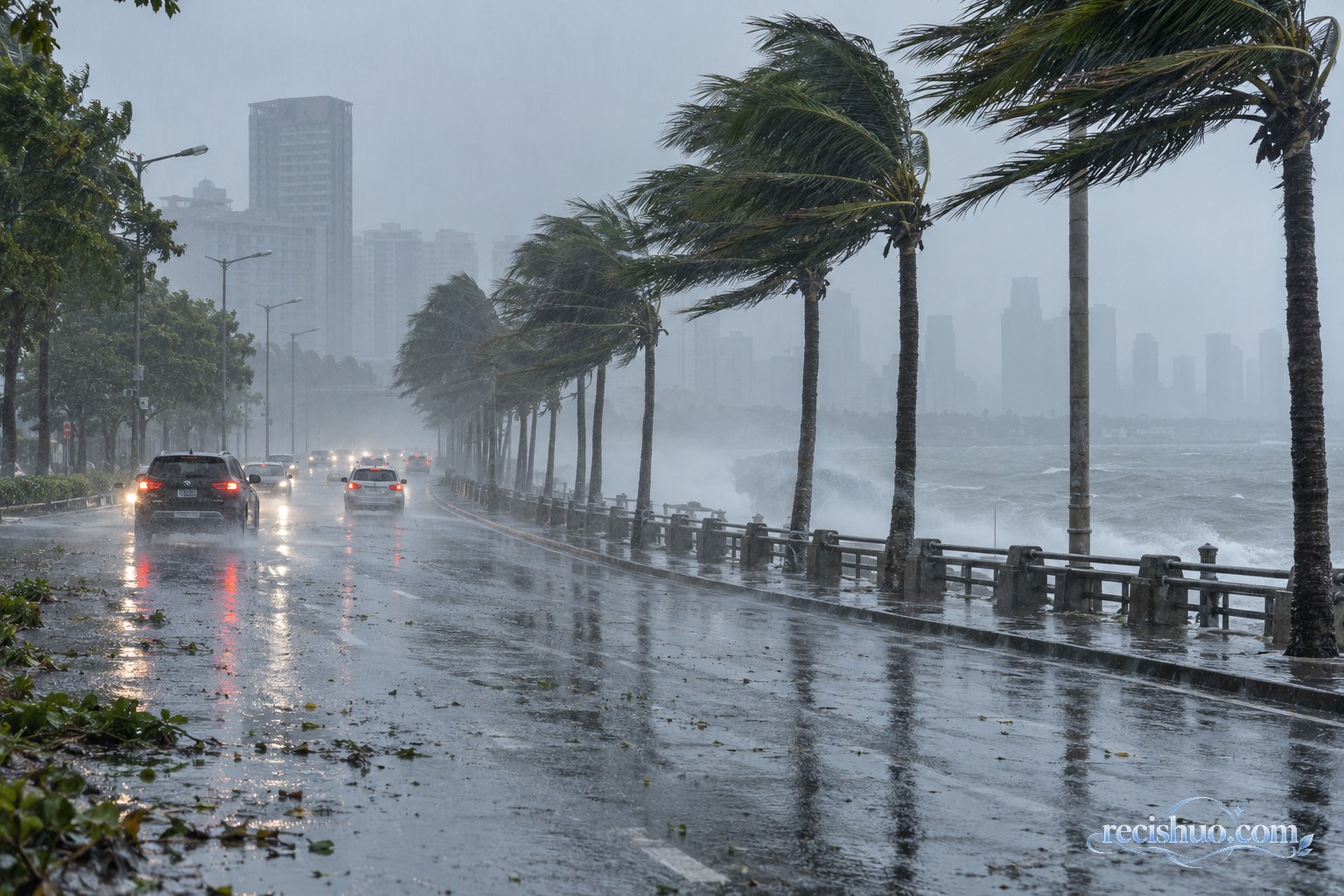 台风风雨中的沿海城市道路、弯曲的树木与谨慎行驶的车辆