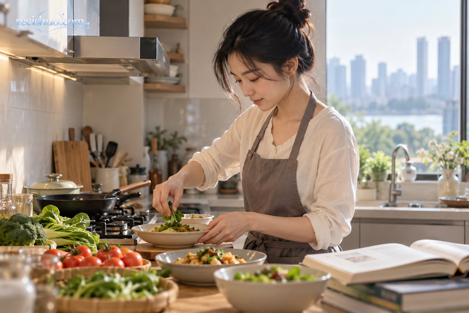 年轻女性在明亮的家庭厨房中用新鲜蔬菜制作家常菜