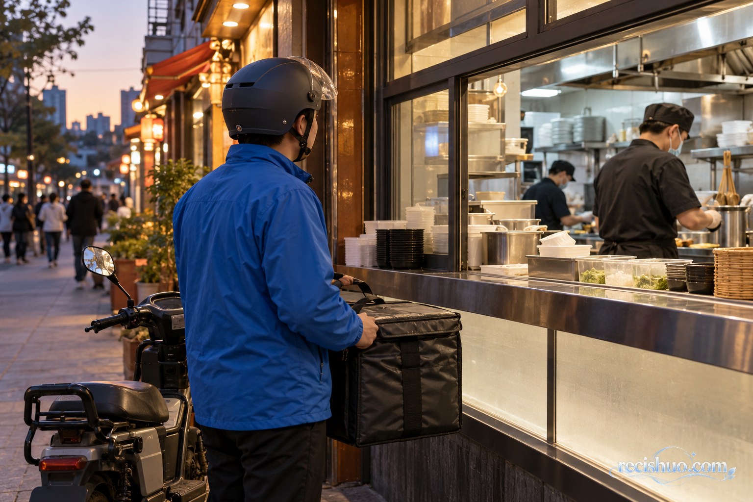 普通外卖骑手在城市餐饮店取餐窗口观察后厨操作流程