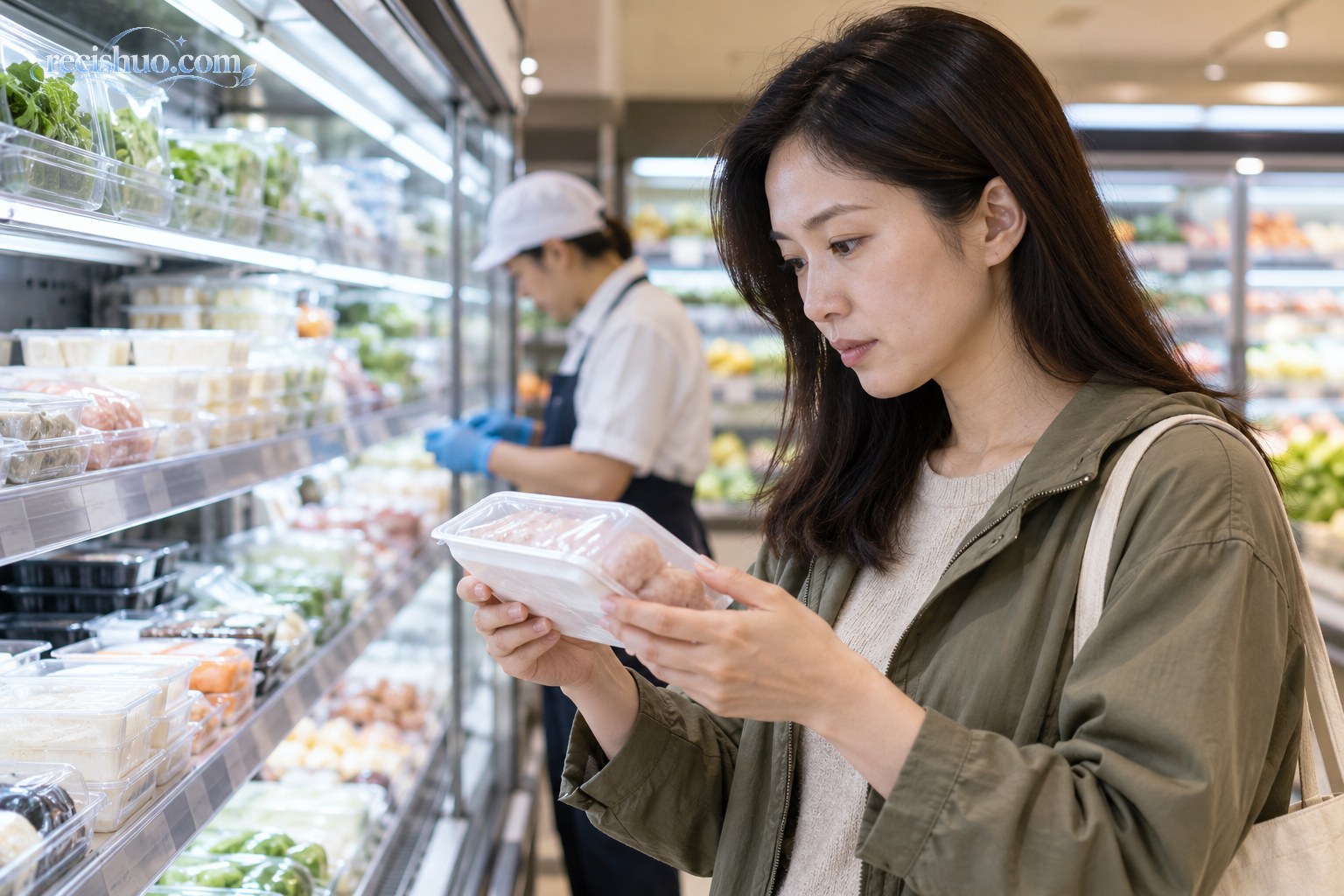消费者在超市冷藏区查看食品包装和保存状态