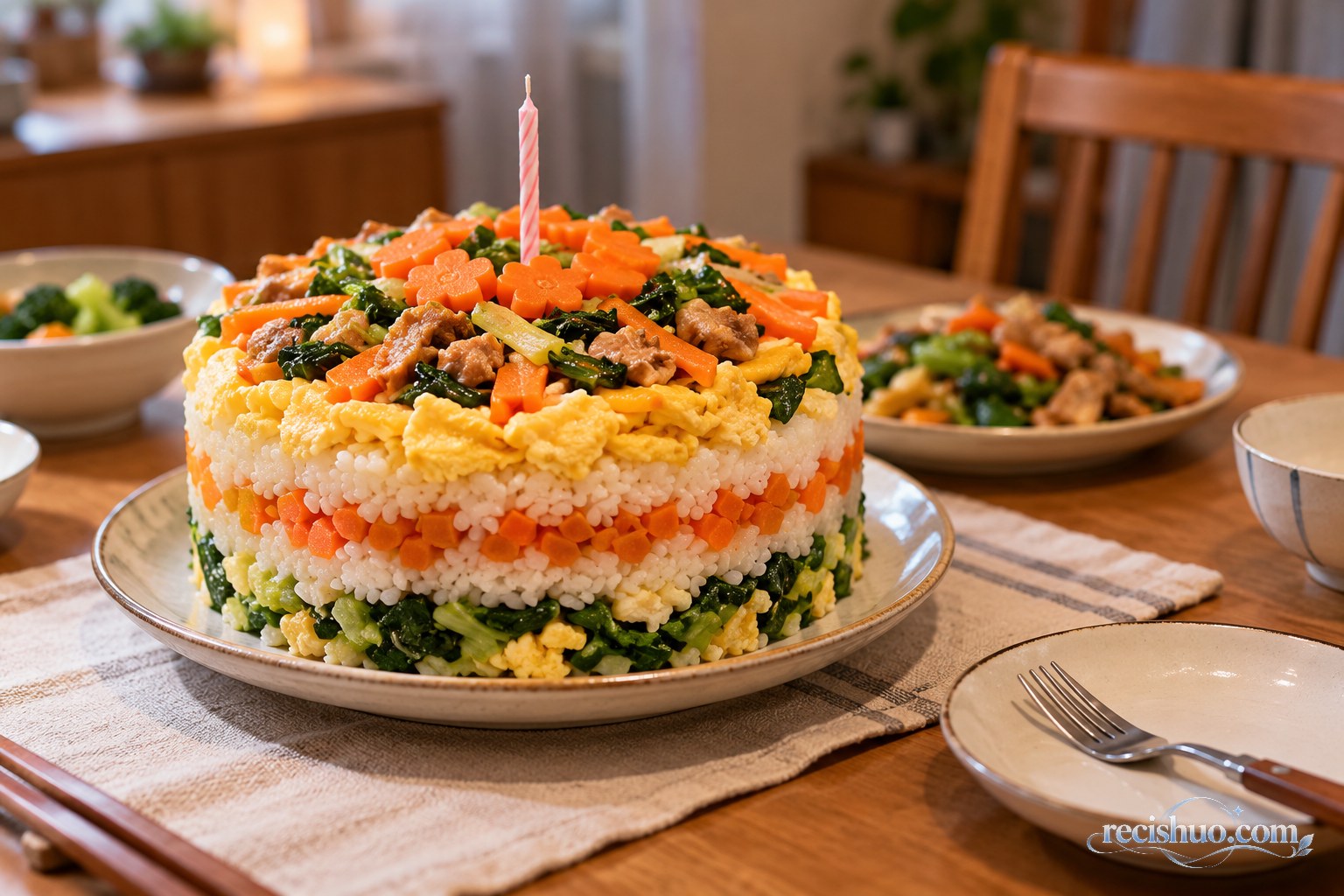 家庭餐桌上由米饭、鸡蛋和蔬菜组合而成的创意生日蛋糕