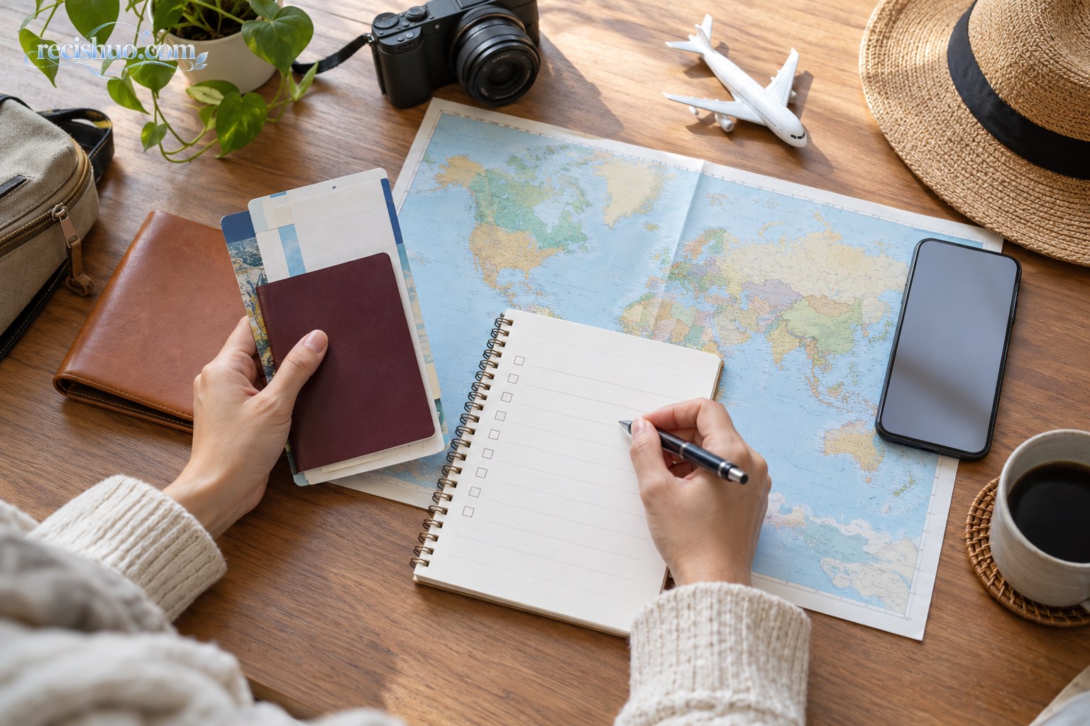 旅行者在桌前核对护照、地图和行程资料