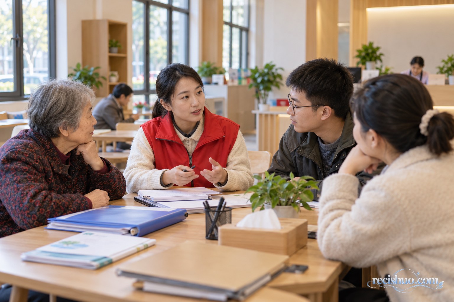 社区工作者与居民在服务大厅围坐交流实际需求