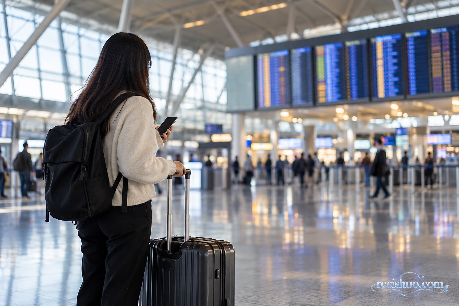 一名年轻女子在国际机场出发大厅查看手机并携带行李箱