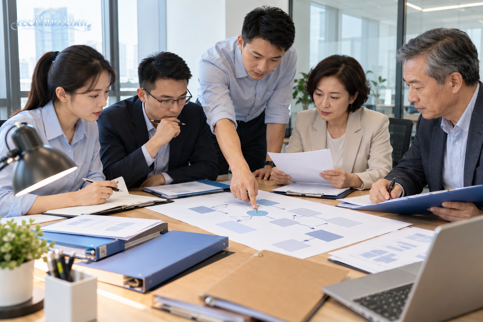 工作人员共同核对制度流程和监督材料