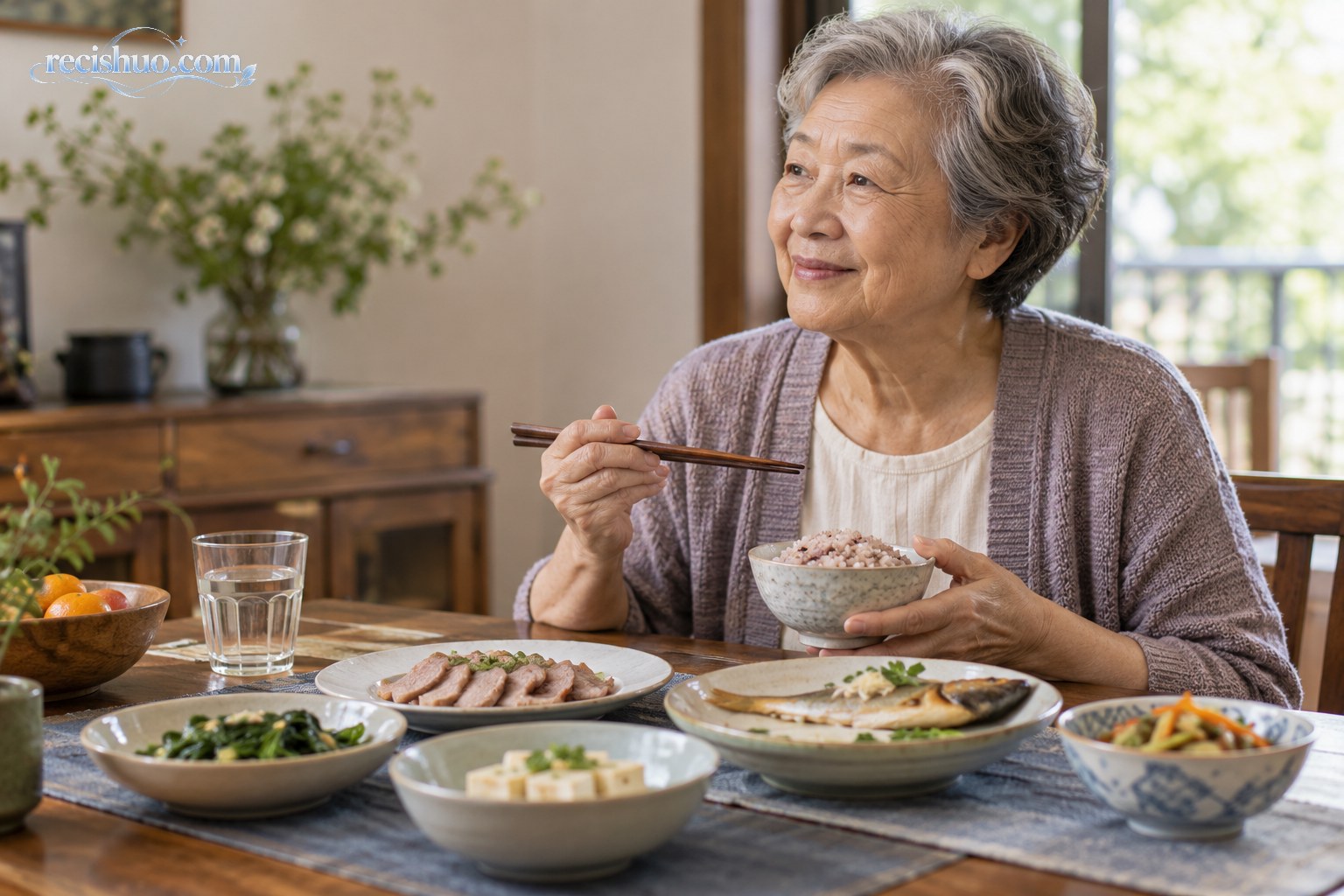 中国老年人在家中餐桌前享用包含少量肉类、鱼、豆腐和蔬菜的均衡午餐