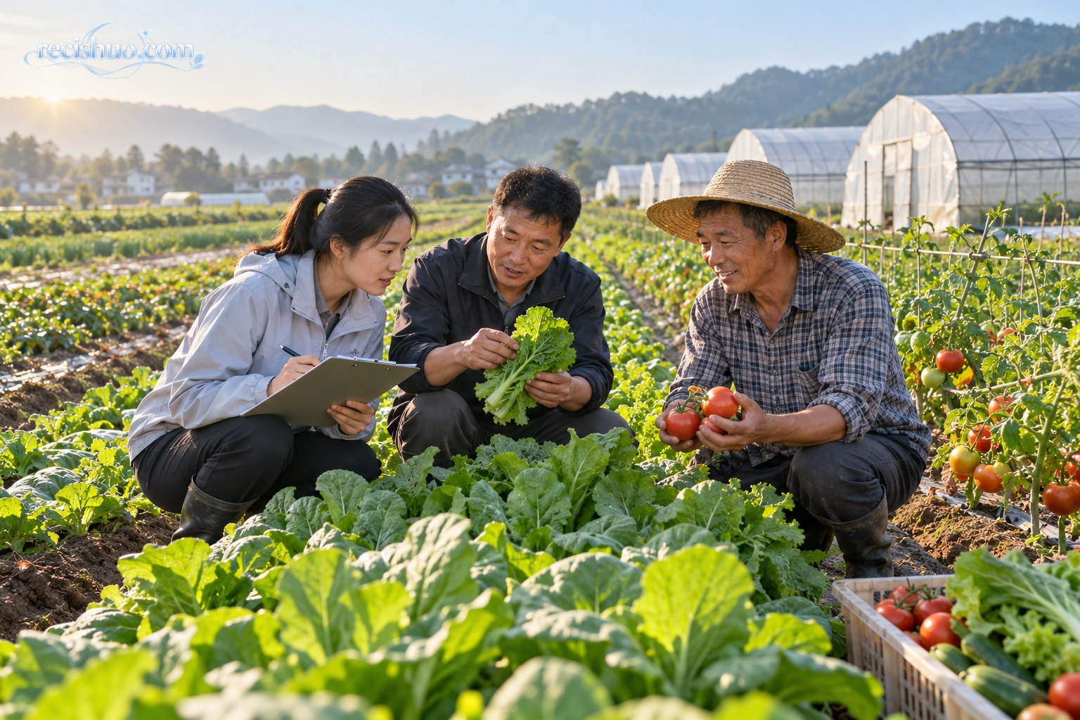 农技人员与种植户在现代蔬菜基地查看作物品质