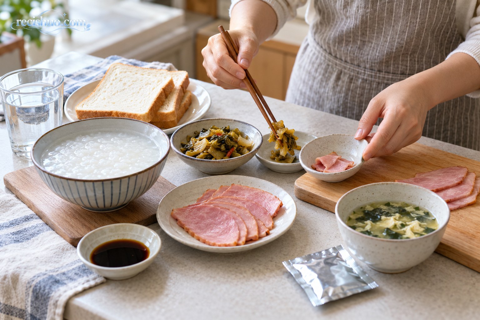 家中早餐包含白粥、面包、咸菜、加工肉和汤品,正在分装小份配菜