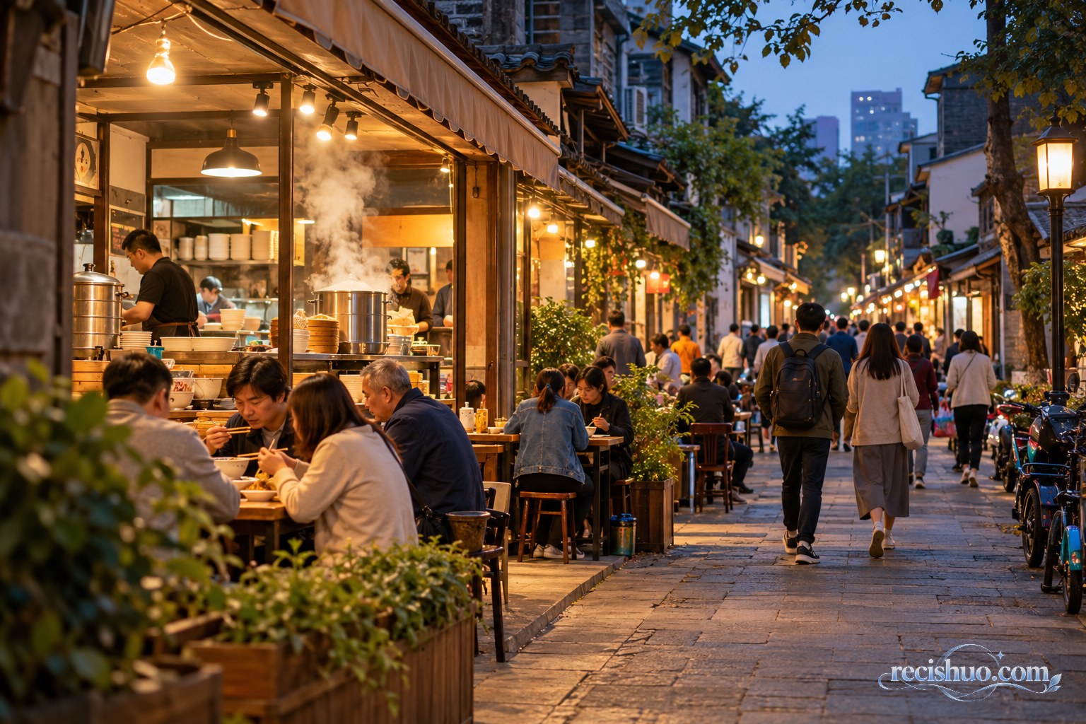 傍晚城市老街中食客在社区餐馆用餐和步行寻味
