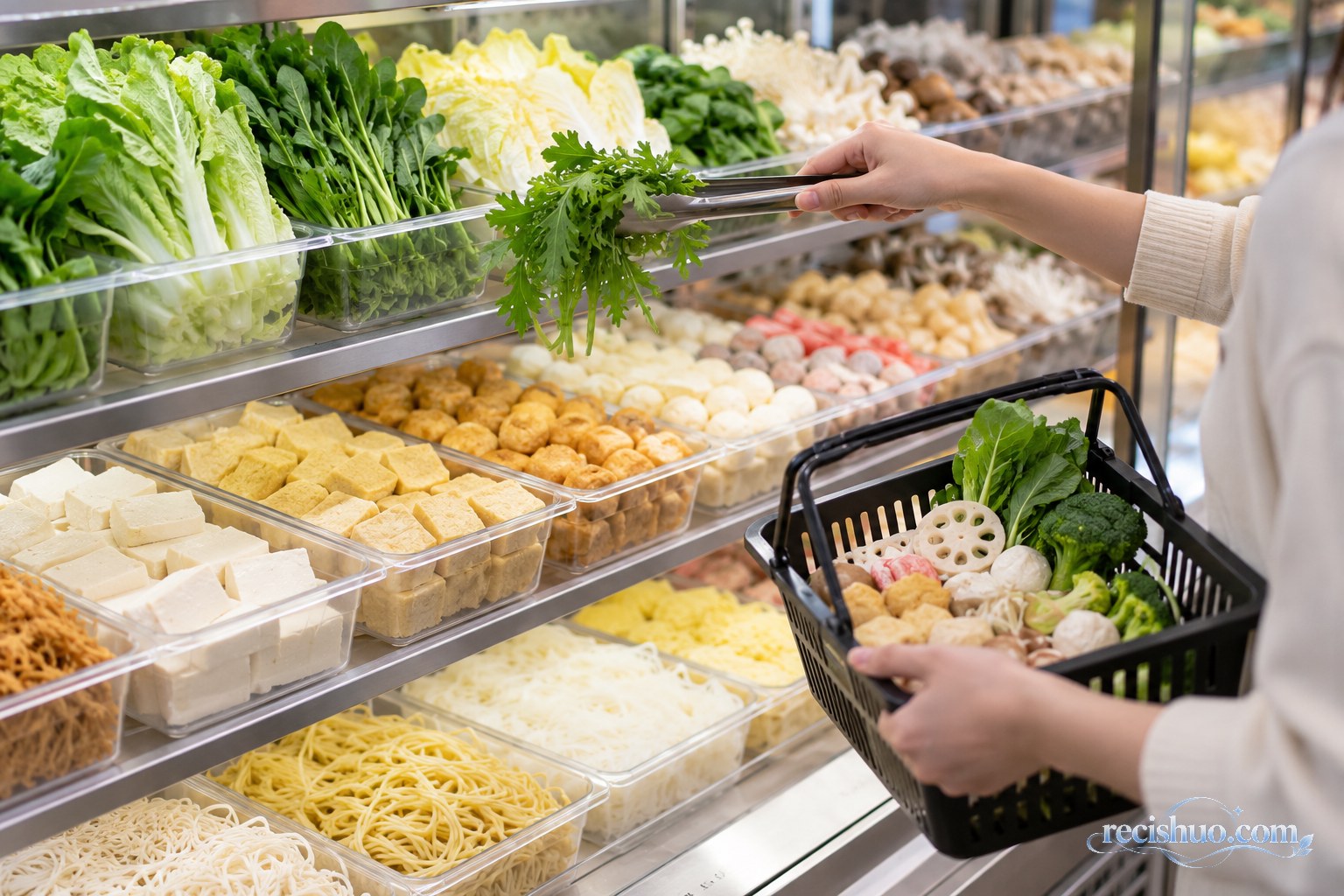 顾客在麻辣烫店冷藏食材区用夹子挑选蔬菜和豆制品