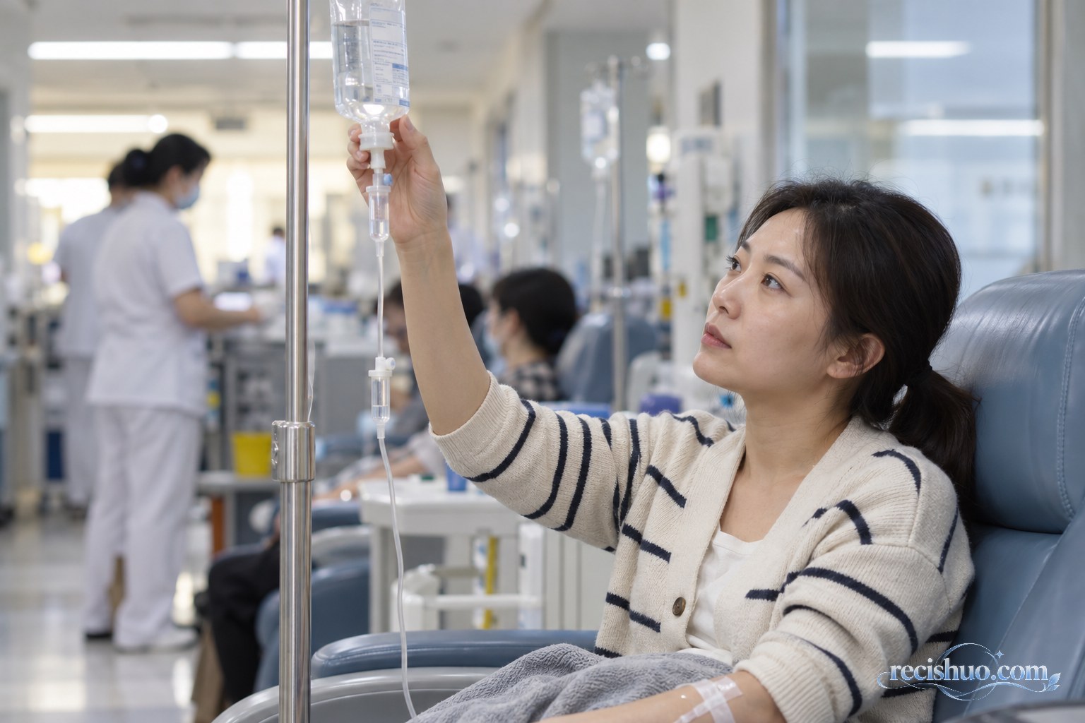 女性患者在医院输液时认真查看输液袋标签