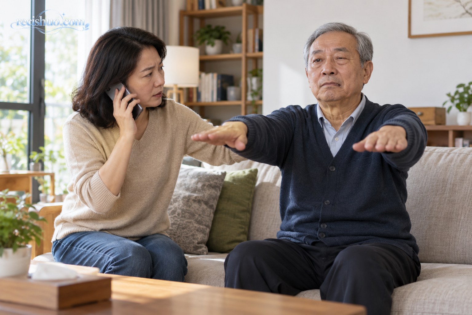 家属陪老人观察面部和双臂异常并立即拨打急救电话