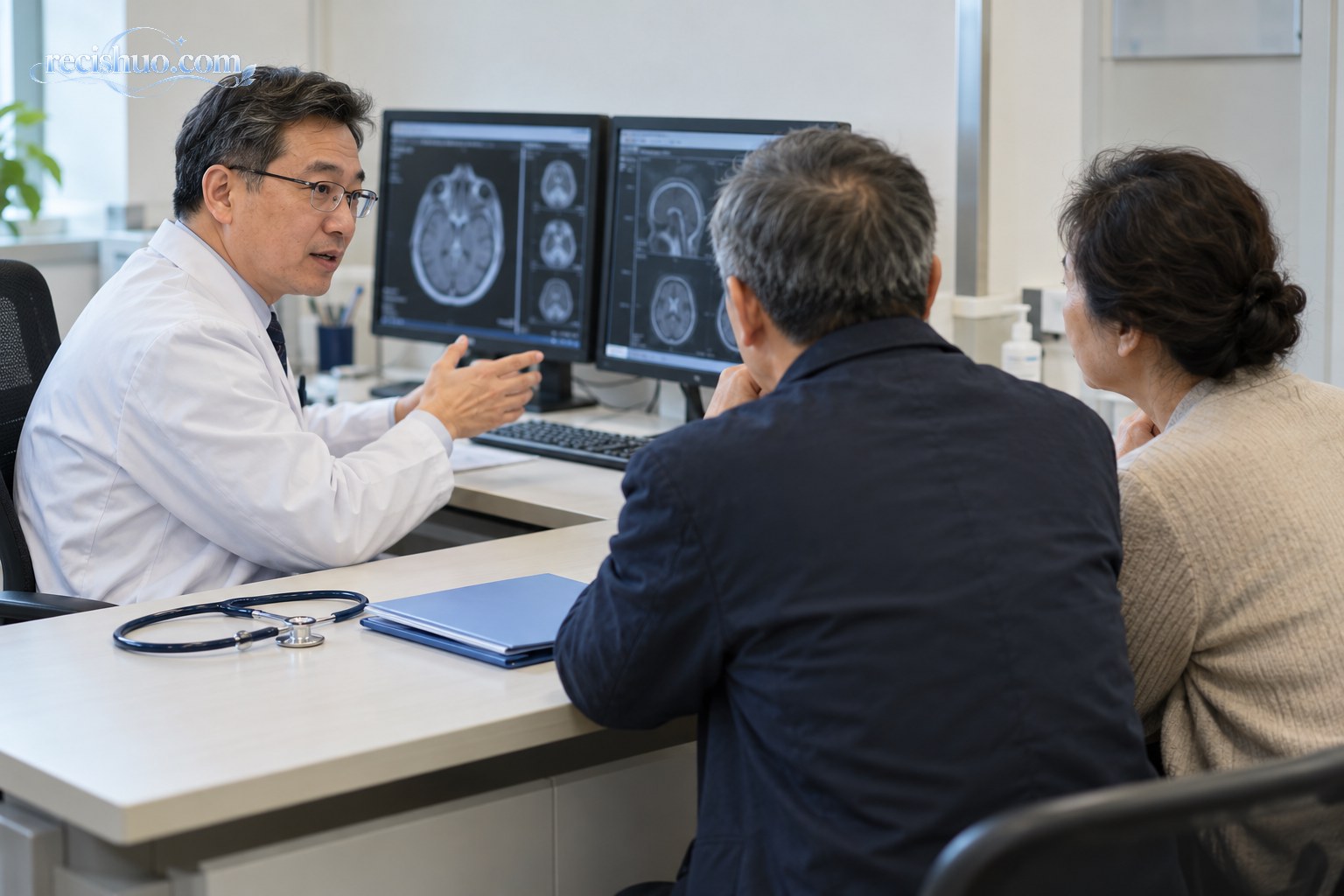 神经内科医生结合脑部影像向老年患者及家属解释病情