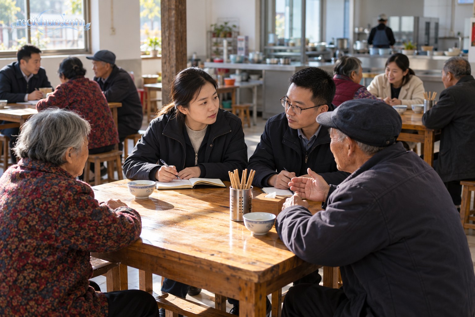 基层工作人员在社区食堂餐桌旁倾听居民意见并认真记录