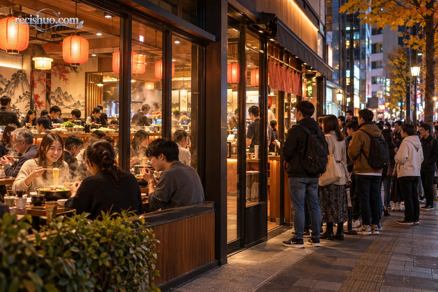日本城市商业街上一家中式餐馆晚间顾客用餐并在门外等候