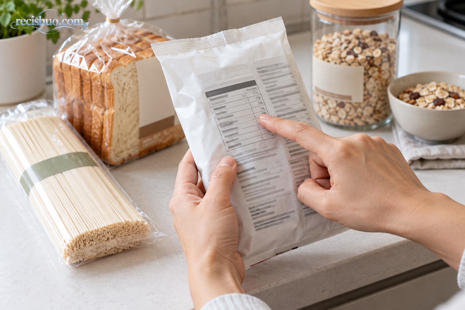 消费者查看食品包装营养成分表中的钠信息,旁边摆有挂面、面包和麦片
