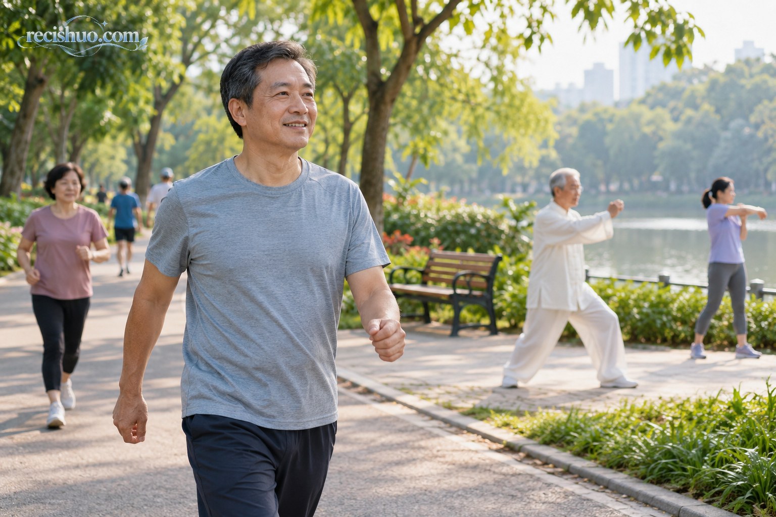 多位市民在绿树环绕的城市公园步道上快走和锻炼