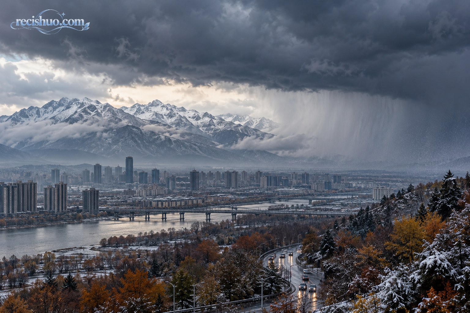 厚重冷云越过雪山向深秋城市推进,湿润道路与雨雪天气交织