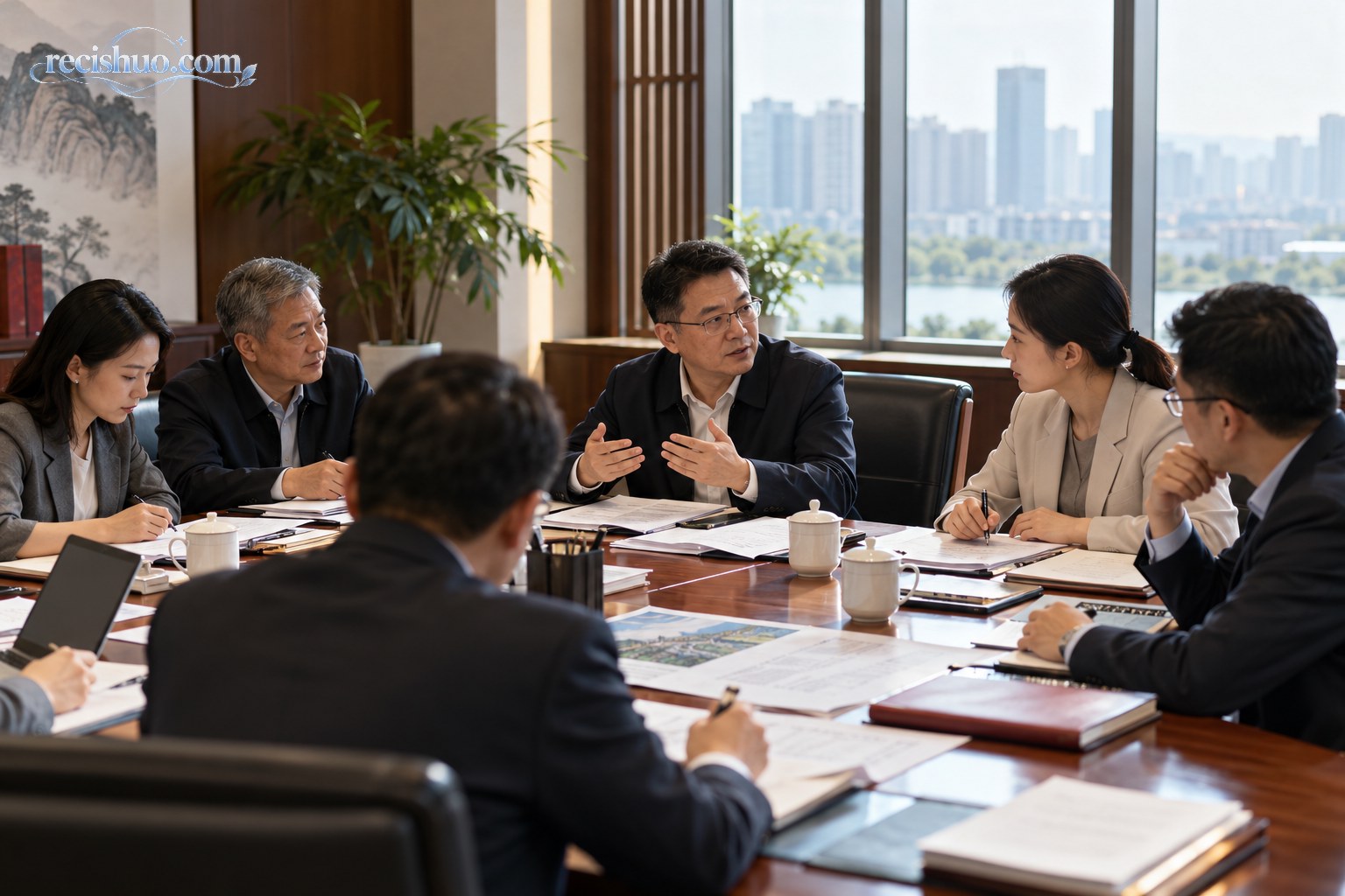 现代会议空间内多名工作人员围桌讨论公共事务方案
