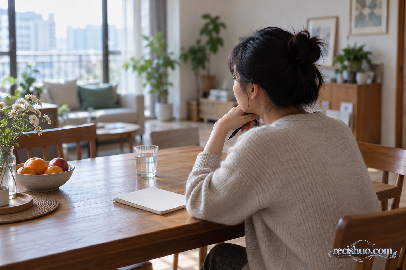 一位女性在家中餐桌前用空白笔记本梳理自己的感受与需求