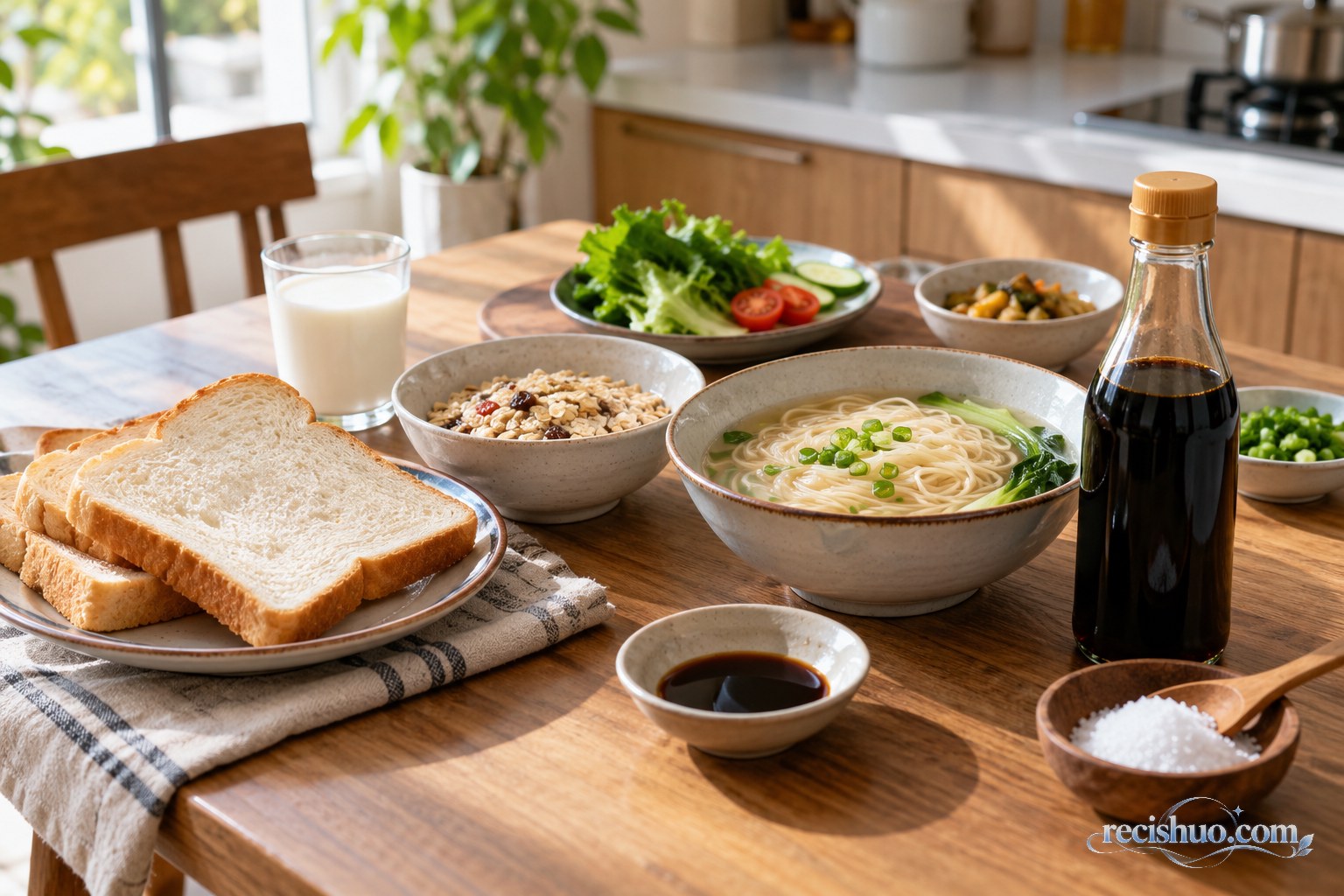 家庭餐桌上摆放面包、面条、即食麦片、酱油和食盐等常见食物