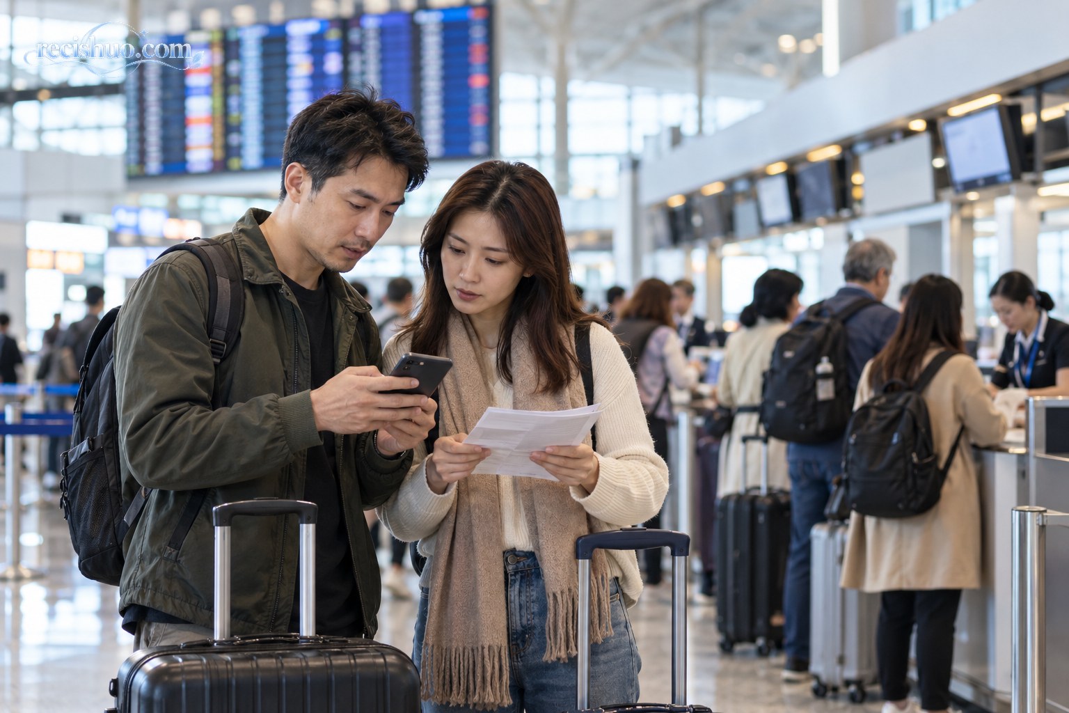 旅客在国际机场出发大厅核对手机与纸质行程信息