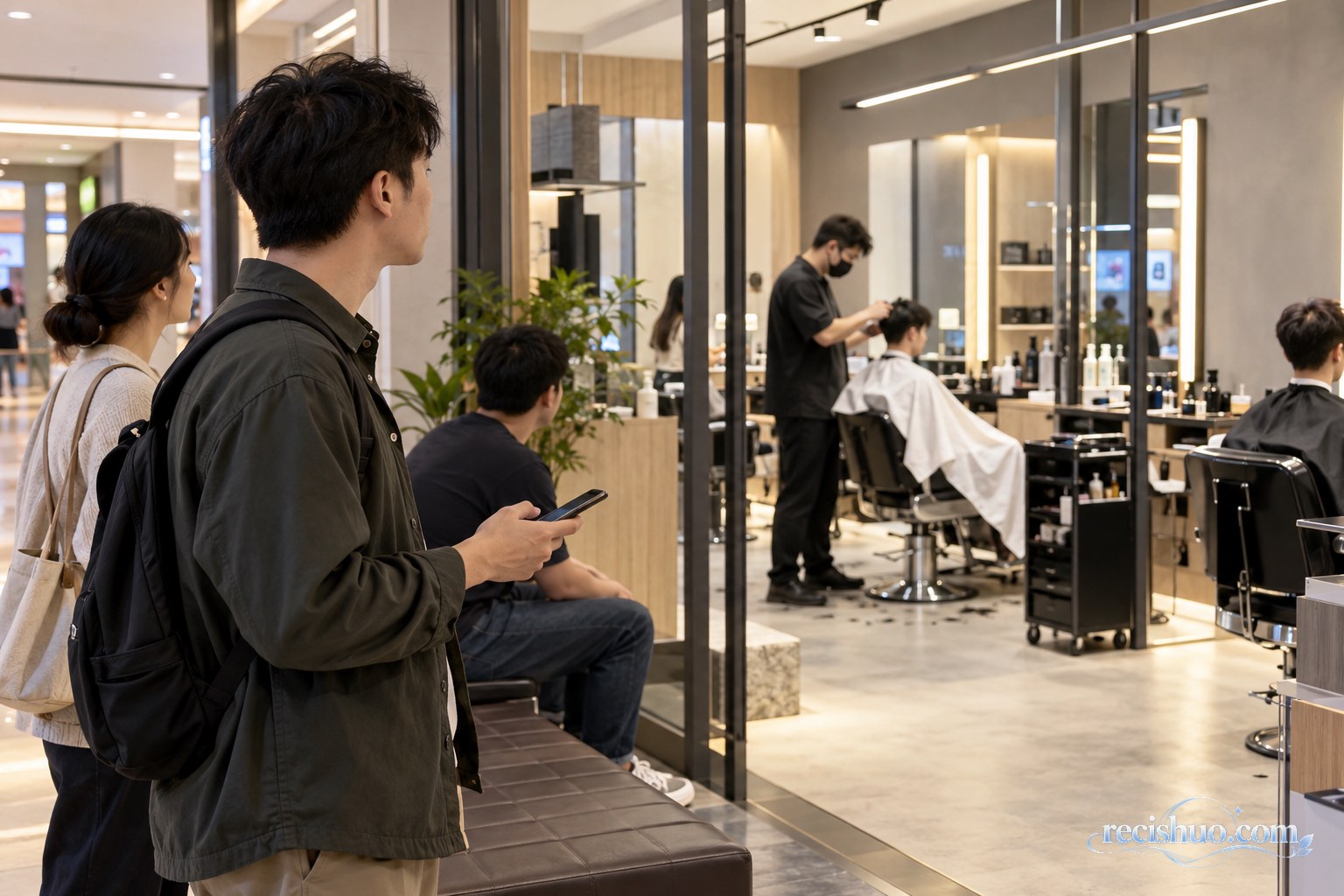 顾客在理发店外观察排队与服务流程后作出选择