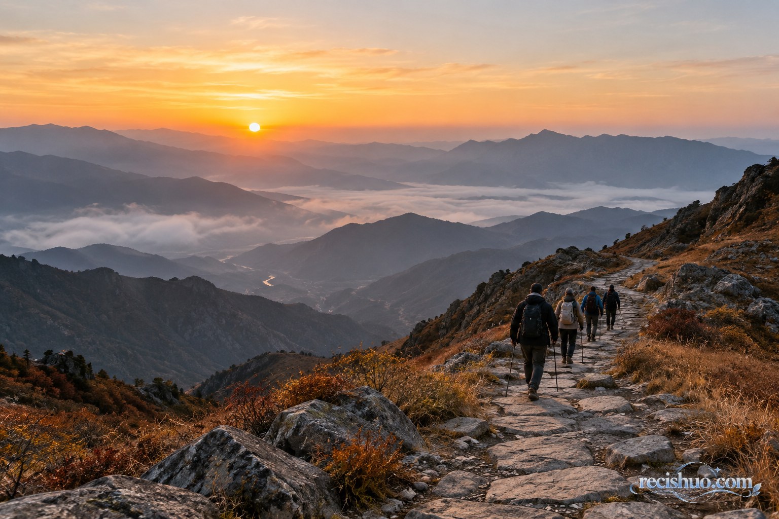 晨光中人们沿着山间石路共同前行