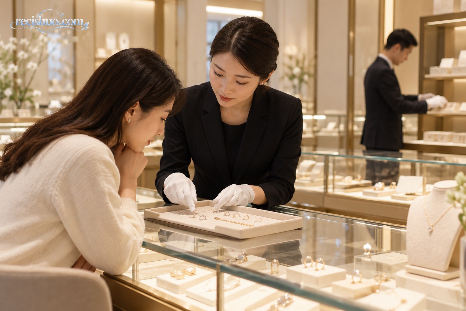 珠宝店员在柜台前为顾客介绍首饰,另一名员工在后方整理陈列