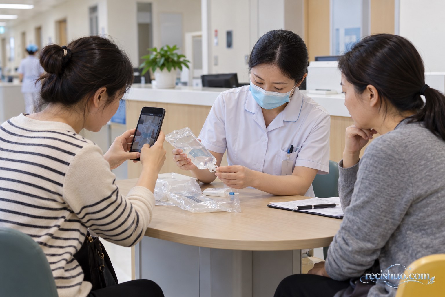 患者与陪同者记录药品信息并同医护人员沟通