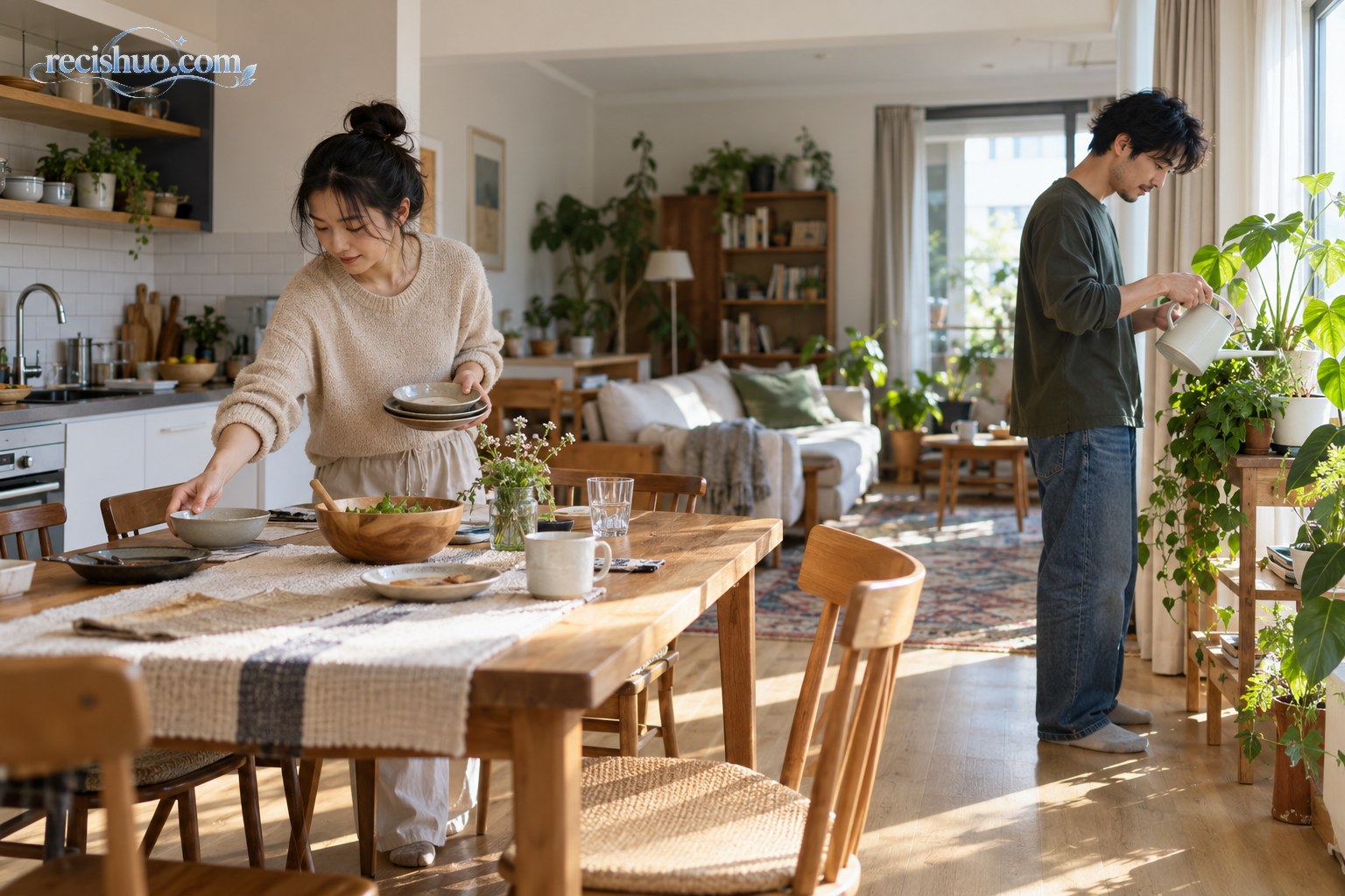 一对伴侣在明亮的家中分别整理餐具和照料绿植