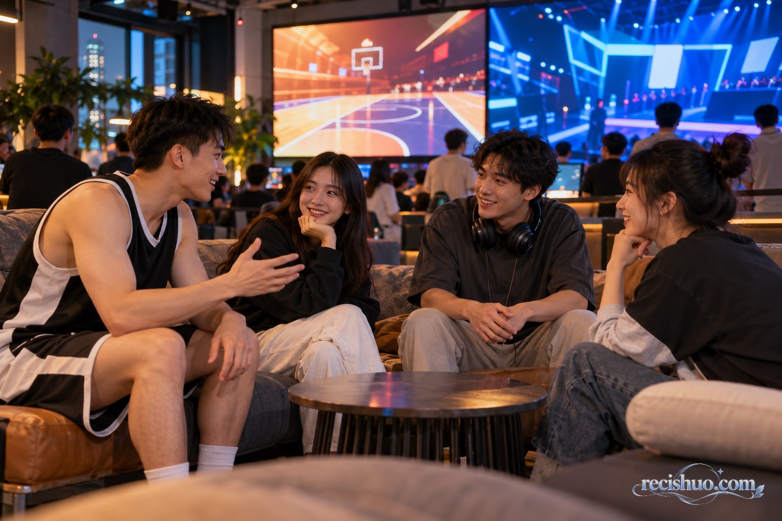篮球与电竞爱好者在公共观赛区友好交流