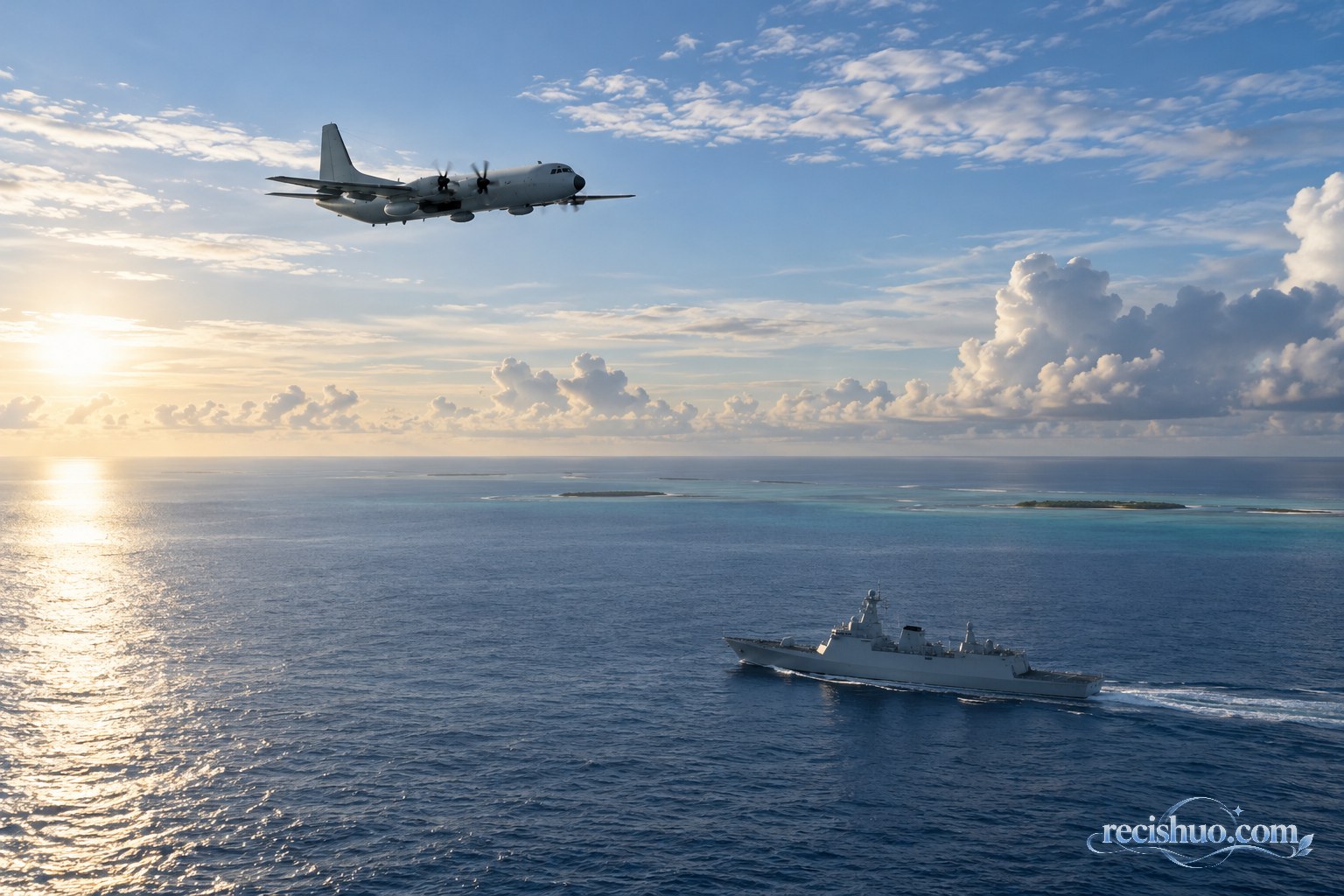 海空兵力在开阔海域协同巡航的概念性画面