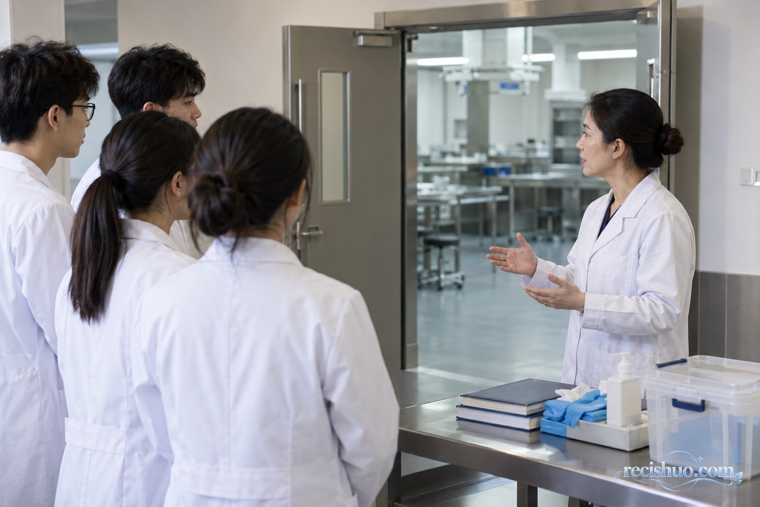 医学院教师在实验室门口向学生讲解课程规范与伦理要求